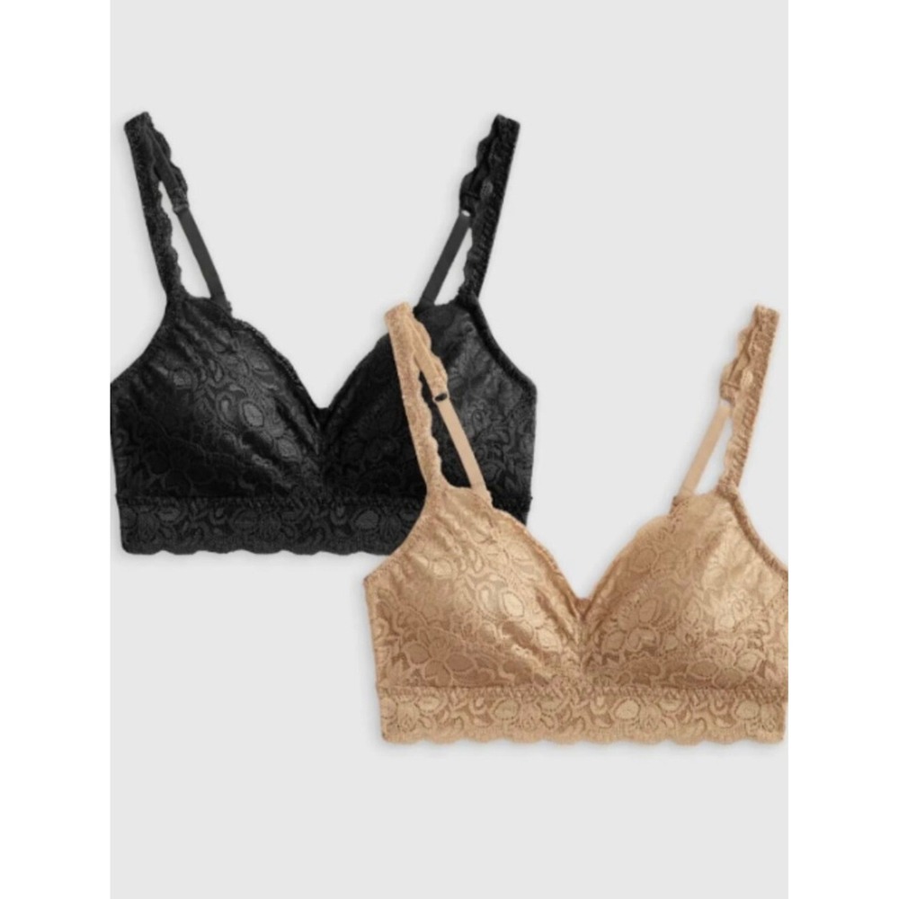 NWOT‎ Quince Stretch Lace Sweetheart Bralettes Large Black and Clay 2 Pieces